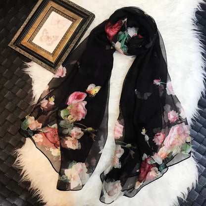 BYSIFA|New Black Pink Peony 100% Silk Shawl Scarf Women Chiffon Long Silk Scarves Cape Summer Foulard Winter Brand Scarves Wraps