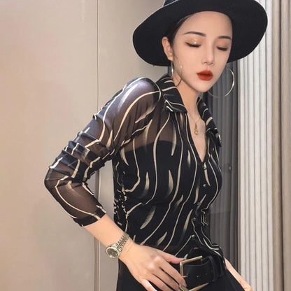 Female Crop Tops Striped Transparent Black Summer Full Long Sleeve Sexy Button Up Women's Shirt and Blouse See-through Chic M Xl