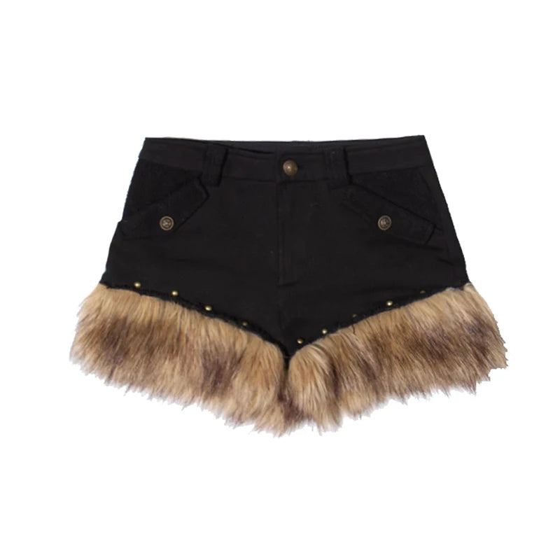 ReddaChic Women's Low Waist Fur Short Pants Retro Black Denim Wide Leg Studded Fuzzy Cargo Shorts Grayu Y2k Harajuku Streetwear