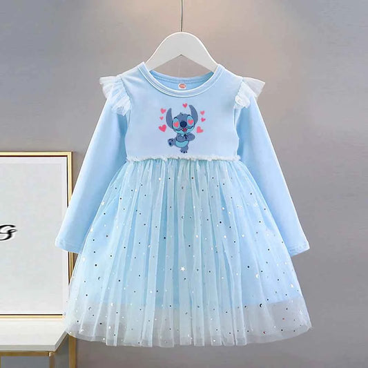 Girls Dress 2025 New Kids Clothes Autumn Long sleeves Disney Children Stitch Princess Dresses Baby Girl Cute Birthday Party 2-8Y