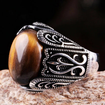 Brown Retro Tiger Stone Men's Ring Personality Ring Fashion Temperament To Attend The Banquet Luxury