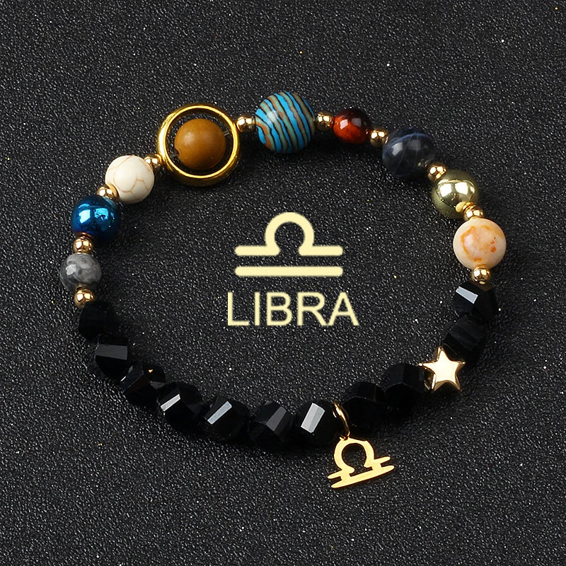 Universe Galaxy Eight Planets 12 Constellation Bracelets for Women Natural Stone Solar System Bracelets Libra Virgo Leo Jewelry
