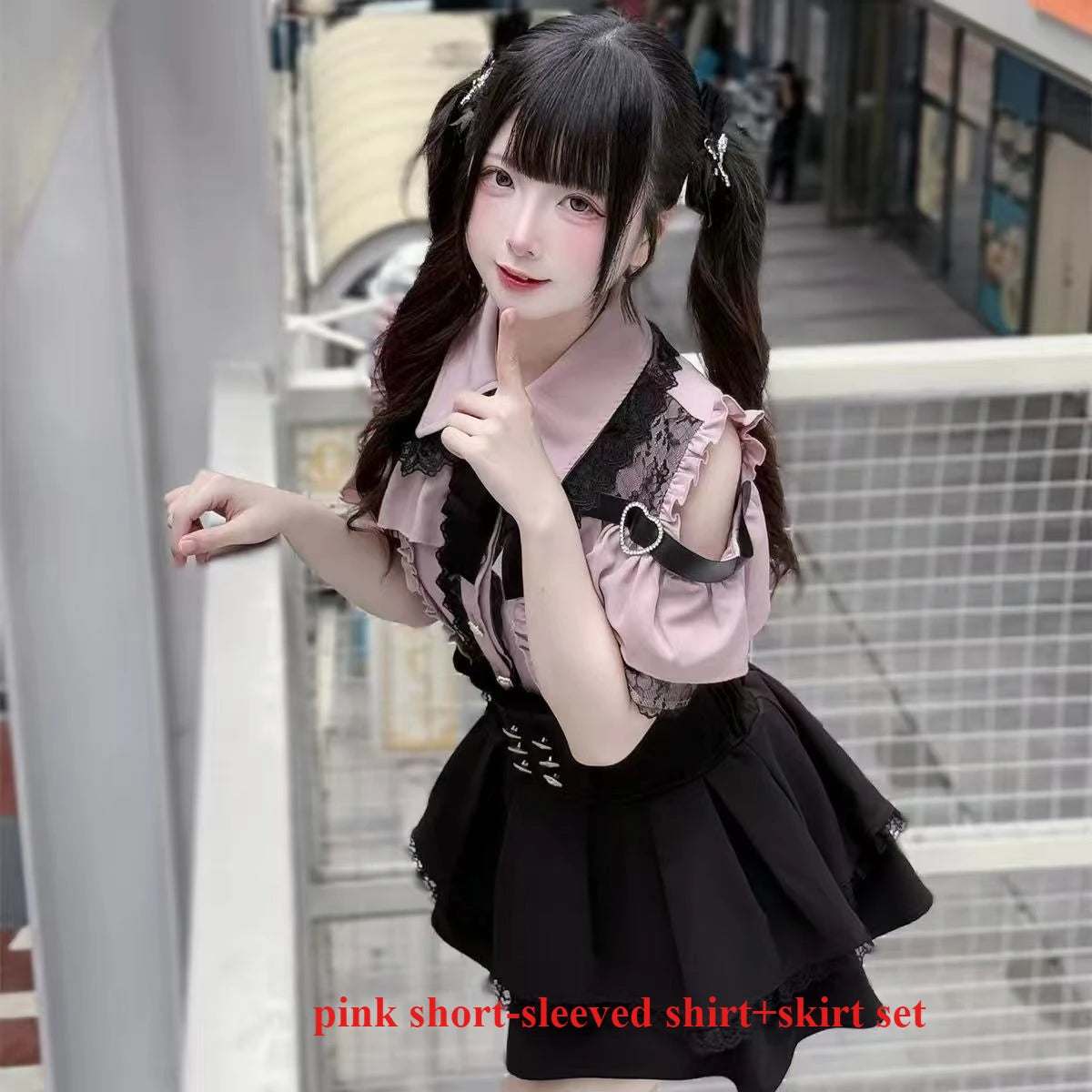 Sweet Gothic Lolita Two Piece Set, Off Shoulder Blouse + High Waist Skirt, Kawaii Tri-color Lace Coord Outfit for Women & Teens