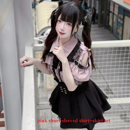 Sweet Gothic Lolita Two Piece Set, Off Shoulder Blouse + High Waist Skirt, Kawaii Tri-color Lace Coord Outfit for Women & Teens