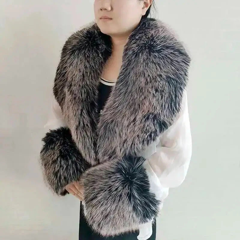 Large Winter Faux Fox Fur Scarf Women Jackets Warm Fluffy Shawl Fashion Artificial Fur Collar And Cuff Set Fluffy Scarves Female