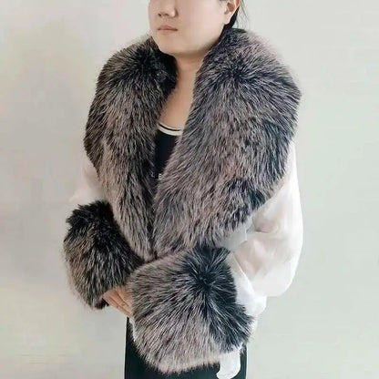 Large Winter Faux Fox Fur Scarf Women Jackets Warm Fluffy Shawl Fashion Artificial Fur Collar And Cuff Set Fluffy Scarves Female