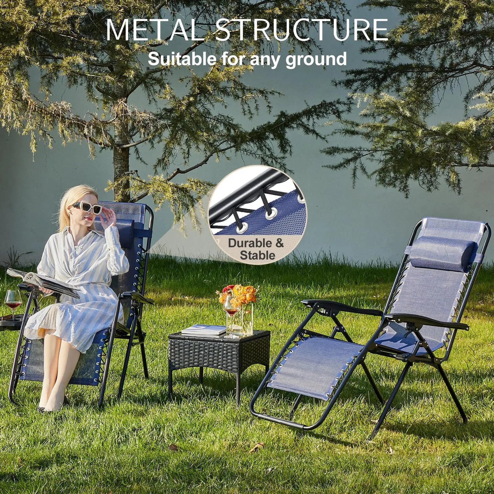 JHK Zero Gravity Set of 2 Portable Recliner Camping Patio Outdoor Garden Lounge Chair with Cup Holder Trays Adjustable Pillow - AMULET RING STORE