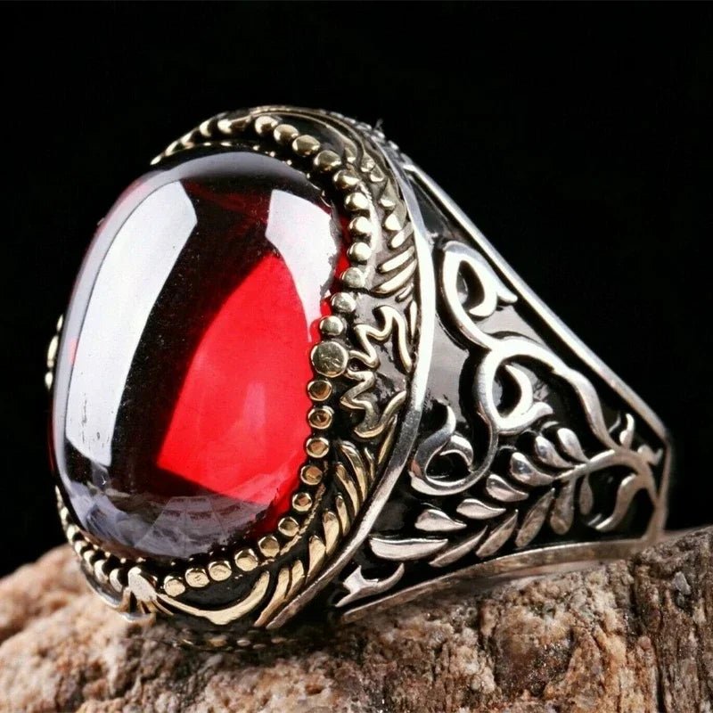 Red Emerald Men's Ring Turkey Retro Domineering Personality Ring