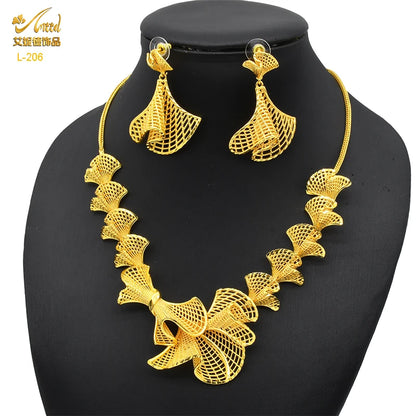 ANIID Africa Luxury Charm Necklace Sets With Tassel for Lady Indian Bridal Nigeria 24k Gold Plated Jewelry Set Party Gifts