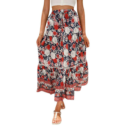 Women Long Skirt Elegant Elastic Waist Floral Flowy Summer Swing Skirt for Casual Daily