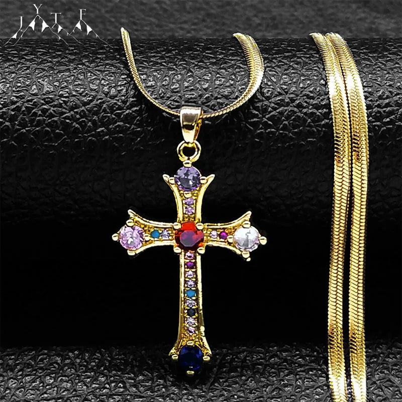 Shiny Hip Hop Zircon Cross Pendant Necklace for Women Stainless Steel Crystal Choker Christian Necklaces Jewelry cruz colgante