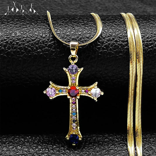Shiny Hip Hop Zircon Cross Pendant Necklace for Women Stainless Steel Crystal Choker Christian Necklaces Jewelry cruz colgante