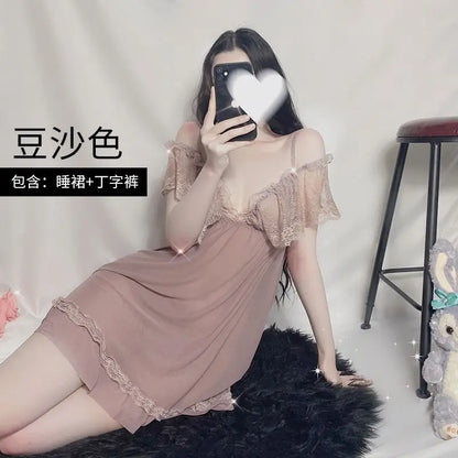 Sexy Sleepwear Women V-neck Nightgown Sexy Nightdress Lace Mesh Pajama Loungewear Summer Dress Nightwear Night Wear