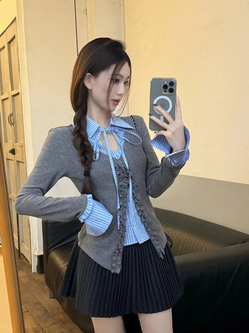 Preppy Style Striped Contrast Slim Lacing Tops Women Clothing Spring Autumn New Long Sleeve Patchwork Korean Shirt Tops Fashion