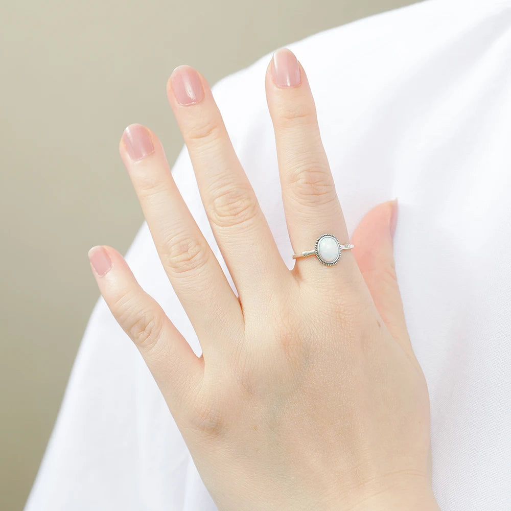 Vintage S925 Silver Ring Natural Opal Antiqued Bamboo Stackable Open Bands Adjustable Handmade Boho Jewelry Birthstone Gift - AMULET RING STORE