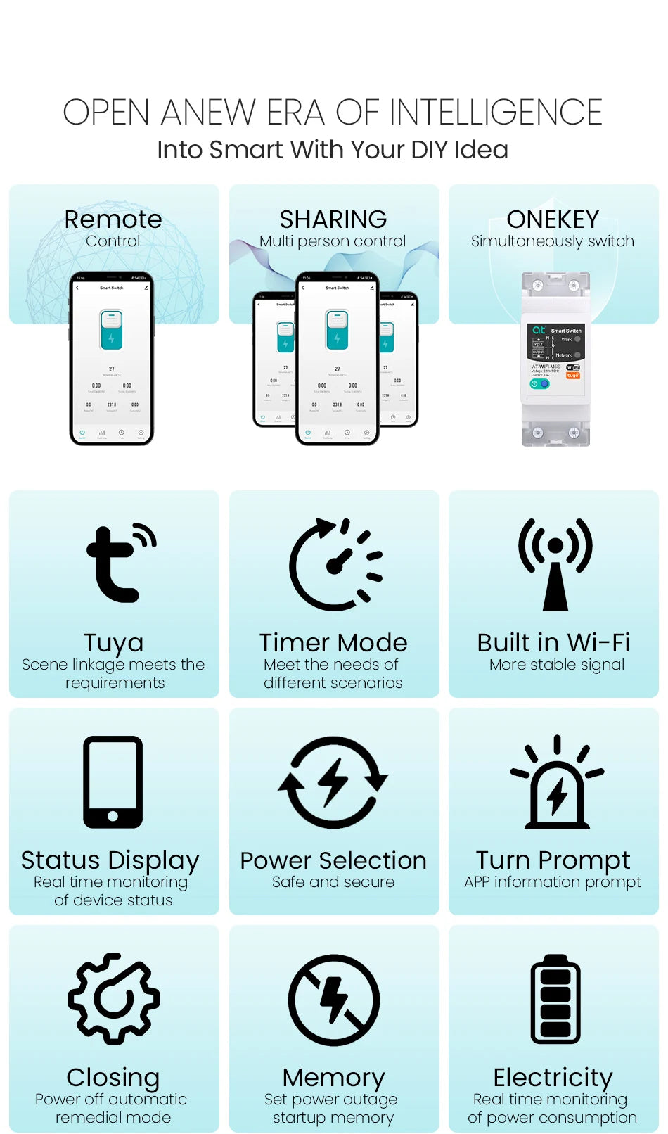 Tuya WIFI Smart circuit breaker 2P 63A charge statistics for smart home wireless control switch by smart life APP CNMIBO