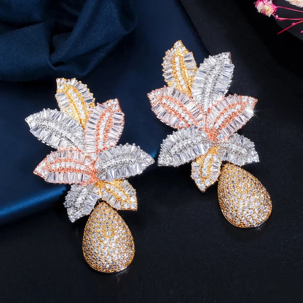 Pera Gorgeous White Cubic Zirconia Silver Color Large Leaf Water Drop Wedding Party Dangle Earrings for Brides Jewelry Gift E606 - AMULET RING STORE