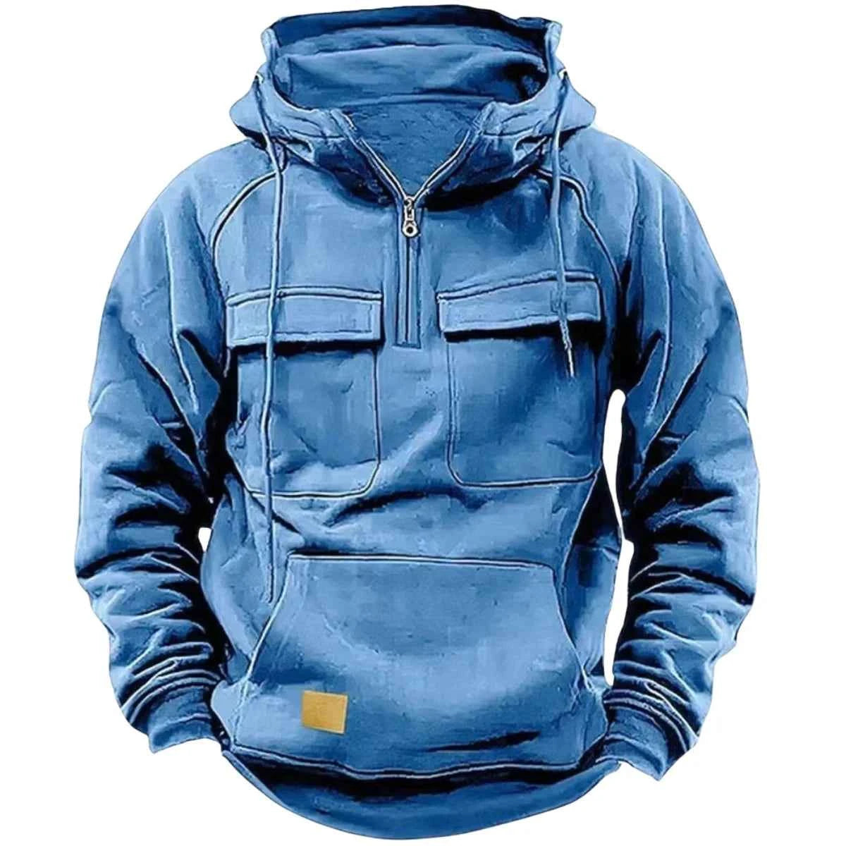Men's half-zip tactical hooded sweatshirt, solid-color warm fleece workwear style sweatshirt, men's multi-pocket hooded jacket