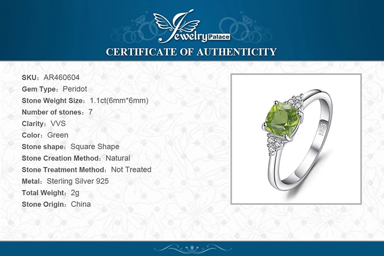 JewelryPalace 1.1ct Genuine Natural Peridot 925 Sterling Silver Solitaire Ring for Woman Fashion Gemstone Jewelry Wedding Gift