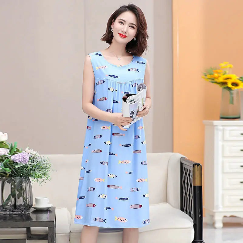 Summer Middle-Aged and Elderly Cotton Silk Nightgowns Pajamas Women's Dresses Large Size Mother's Casual Nightgowns Homewear - AMULET RING STORE