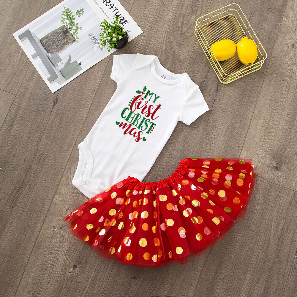 My 1st Christmas Baby bodysuit + Dress set Christmas Party Baby girl Dresses Infant short Sleeve cake Dress Set Toddler Clothing