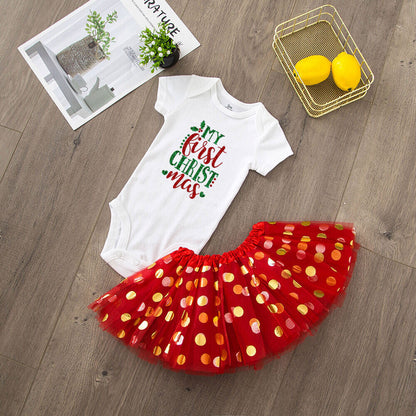 My 1st Christmas Baby bodysuit + Dress set Christmas Party Baby girl Dresses Infant short Sleeve cake Dress Set Toddler Clothing