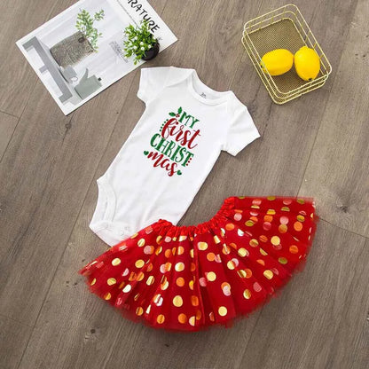 My 1st Christmas Baby bodysuit + Dress set Christmas Party Baby girl Dresses Infant short Sleeve cake Dress Set Toddler Clothing