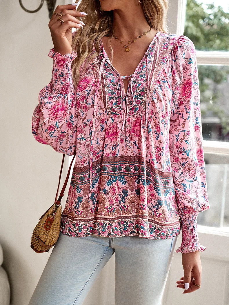2024 Summer Fashion New Women's Elegant Casual Printed V-neck Shirt with Bubble Sleeves and Loose Commuting Style Top - AMULET RING STORE