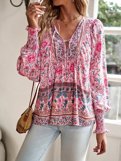 2024 Summer Fashion New Women's Elegant Casual Printed V-neck Shirt with Bubble Sleeves and Loose Commuting Style Top - AMULET RING STORE