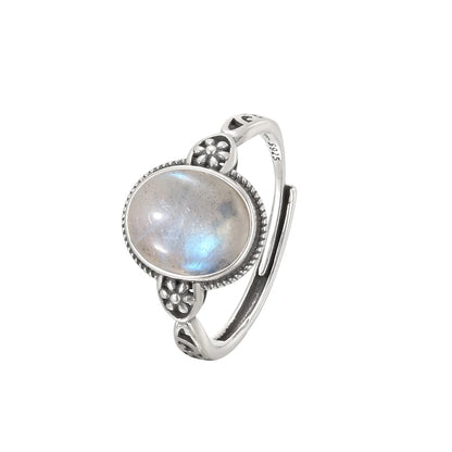 Natural Moonstone Ring 925 Sterling Silver Adjustable Vintage Boho Jewelry 10x8mm Oval Gemstone Healing Crystal Gift - AMULET RING STORE