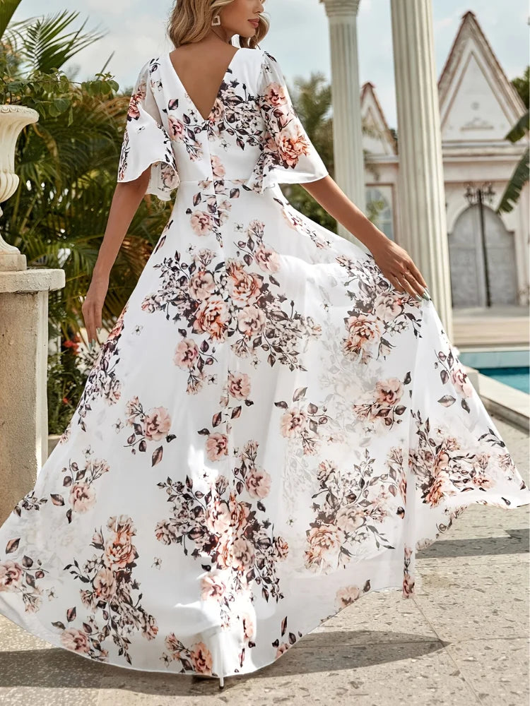 Wefads Women Long Dress Summer Casual Sexy V-Neck Lotus Leaf Sleeves Printed Beach Holiday Dresses - AMULET RING STORE