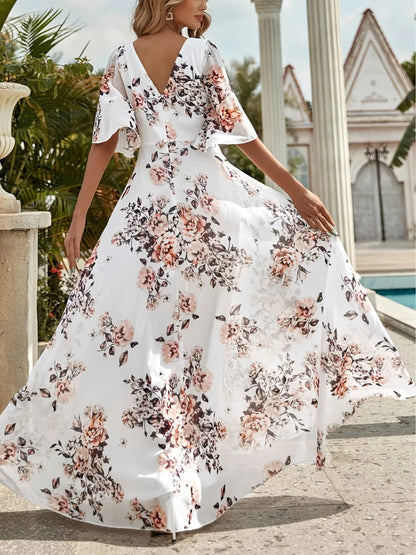 Wefads Women Long Dress Summer Casual Sexy V-Neck Lotus Leaf Sleeves Printed Beach Holiday Dresses - AMULET RING STORE