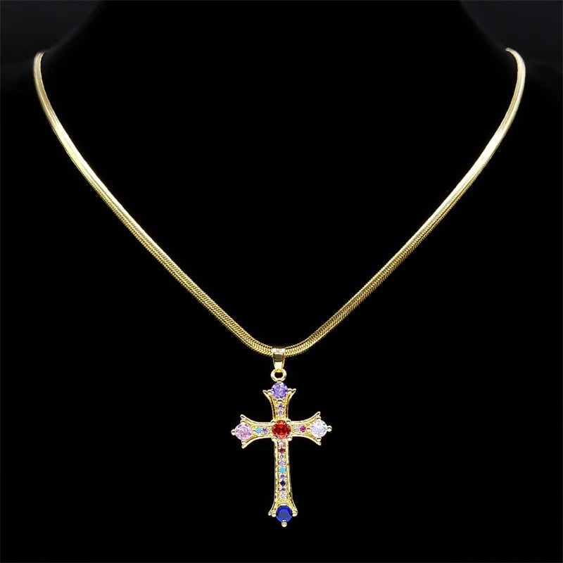 Shiny Hip Hop Zircon Cross Pendant Necklace for Women Stainless Steel Crystal Choker Christian Necklaces Jewelry cruz colgante