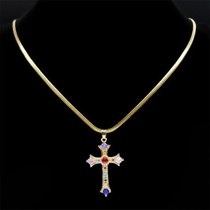 Shiny Hip Hop Zircon Cross Pendant Necklace for Women Stainless Steel Crystal Choker Christian Necklaces Jewelry cruz colgante