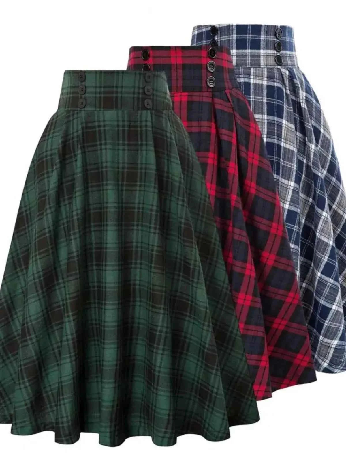High Waist Plaid Swing Skirt Faionable Large Flounce Midi Skirt Women's Premium Clothing A-Line Silhouette Umbrella Skirt