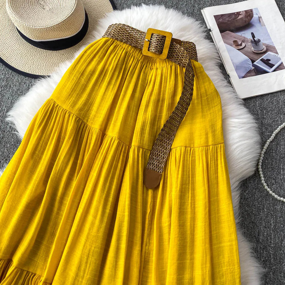 White High Waist A-Line Midi Skirt Women's Summer Casual Flared Cake Skirt Korean Sle Baking Poer Skirt for Young Women
