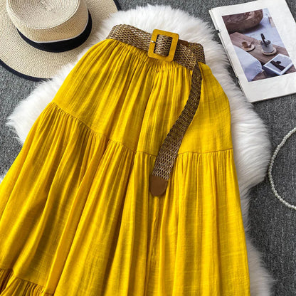 White High Waist A-Line Midi Skirt Women's Summer Casual Flared Cake Skirt Korean Sle Baking Poer Skirt for Young Women