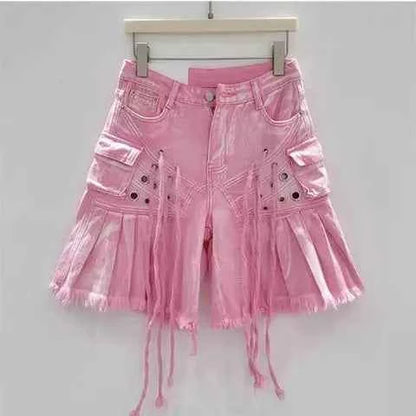 Streetwear American Vintage Heavy Industry Washed Holes and Burrs Denim Shorts Y2 Gothic Old Multi-pocket Casual Joker Pants