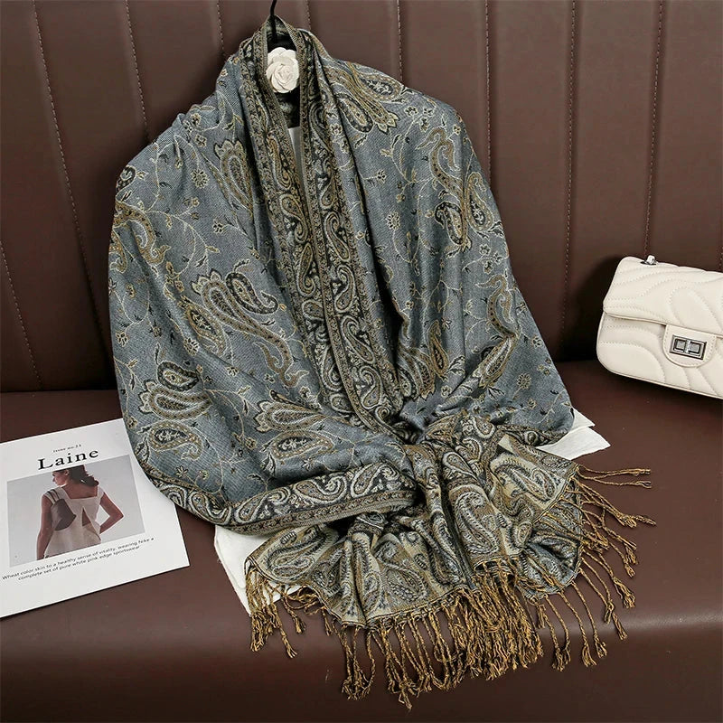 Women National Style Flower Pattern Scarf Jacquard Pashmina Cashmere Tassel Classic Shawl Coldproof Warm Neck Protection