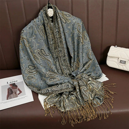 Women National Style Flower Pattern Scarf Jacquard Pashmina Cashmere Tassel Classic Shawl Coldproof Warm Neck Protection