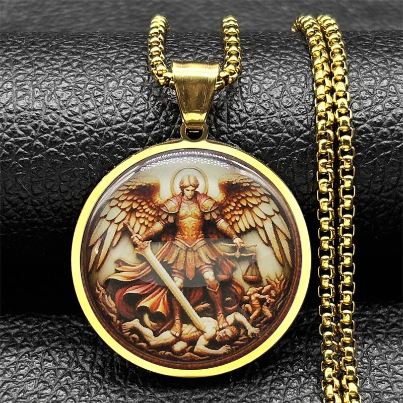 Seal of Seven Archangels Medal Stainless Steel Glass Necklace