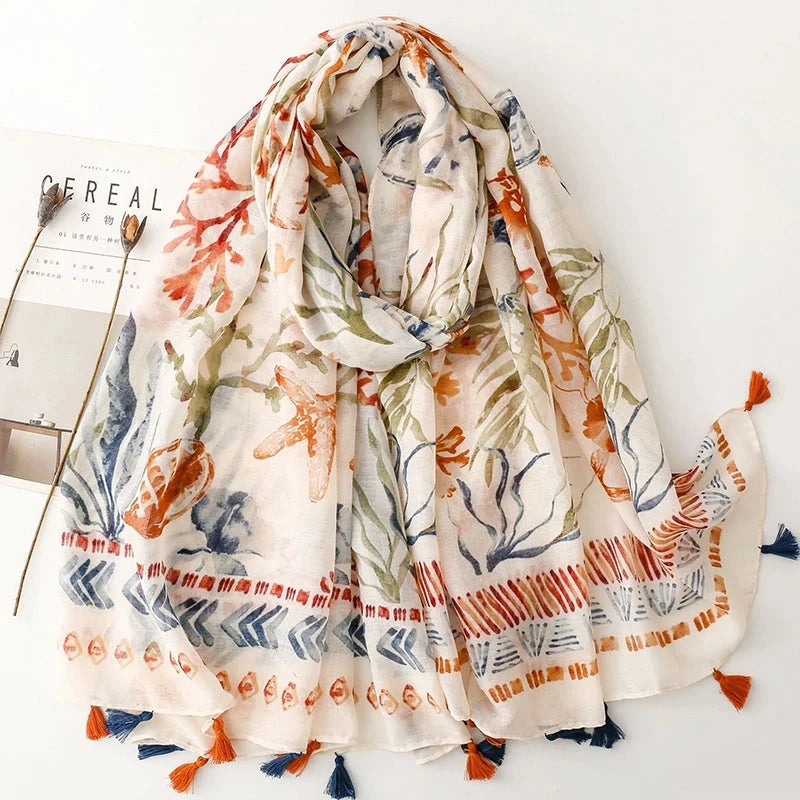 Retro Bohemian Styles Women Scarf Summer Beach Shawl Cotton Linen Feeling Tassel Pashmina Muslim Hijab Wrap Lady Viscose Scarf