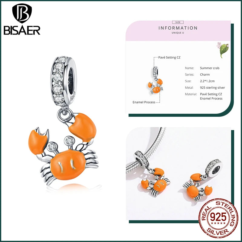 BISAER 925 Sterling Silver Charm Ocean Style Fish Dolphin Mermaid Shell Blue CZ Bead For Necklace&Bracelet DIY Fine Jewelry Gift - AMULET RING STORE