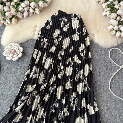 Chiffon A-Line Midi Skirt Women's Autumn 2025 New Sle Cover Hip Draped Large Swing Umbrella Skirt Pleated Floral Skirt