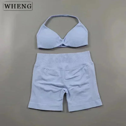 WHENG 2PCS Yoga Fitness Suit Women's Seamless Lace-Up Yoga Bra Top High Waist Workout Scratch Shorts Sports Suit Fitness Suit
