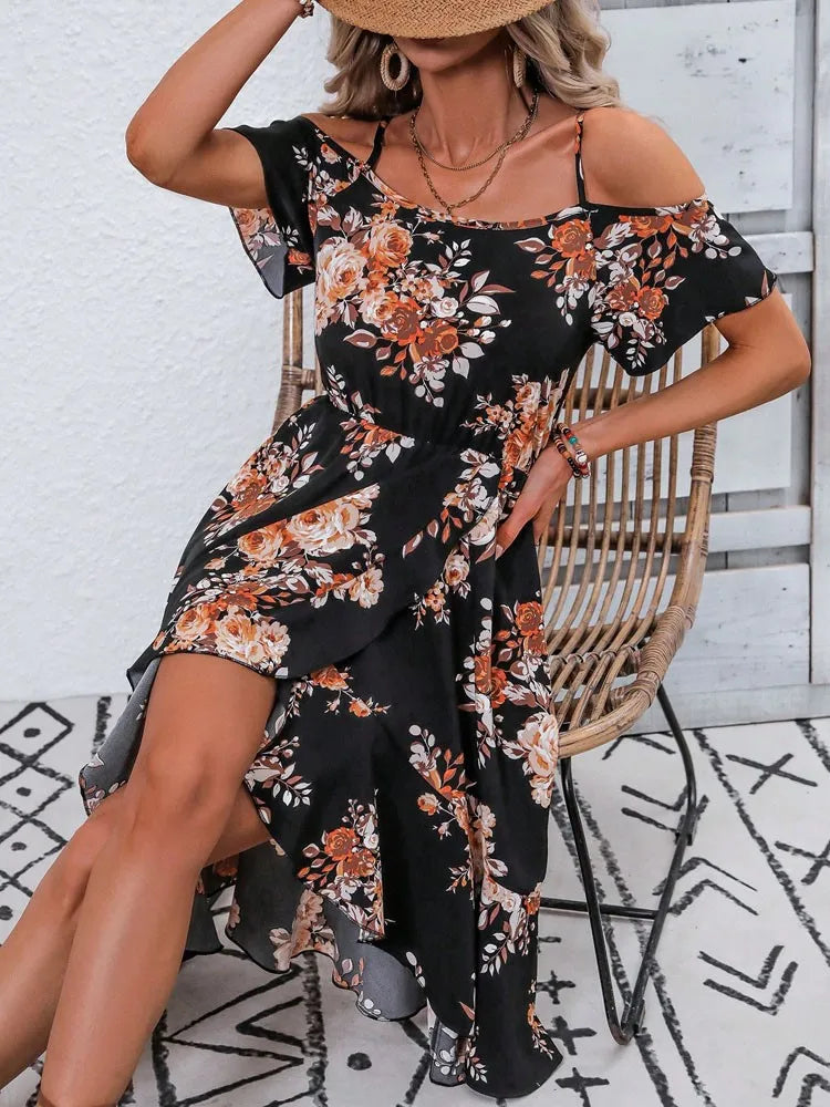 Summer women's printed off shoulder slit camisole irregular skirt shape women's elegant dress with temperament - AMULET RING STORE