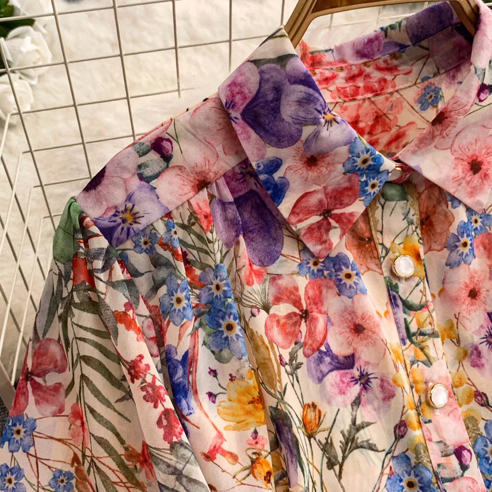 Faionable Print Long Dr Women's Spring Belted Waist Pleated Lantern Sve Turn-down Collar Dr Korean Sle Commute