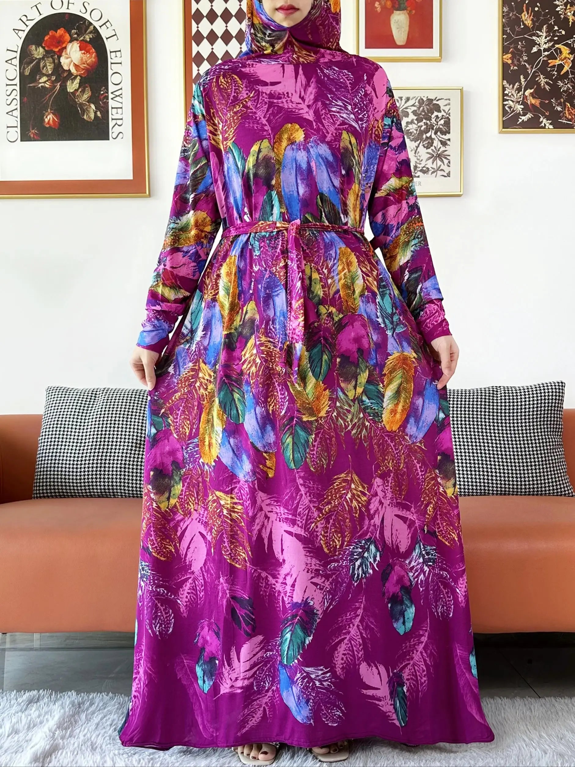 2025 Floral Ramadan Muslim Dress Solid Color Khimar Kaftan Abaya Robe with Attached Hijab Middle East Prayer Garment for Women - AMULET RING STORE