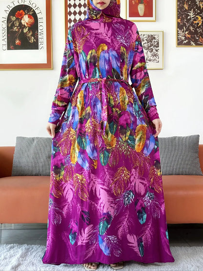 2025 Floral Ramadan Muslim Dress Solid Color Khimar Kaftan Abaya Robe with Attached Hijab Middle East Prayer Garment for Women - AMULET RING STORE