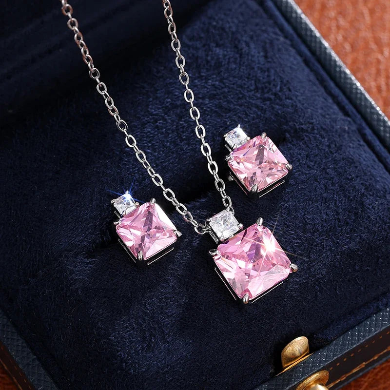 CAOSHI Sweet Romantic Pink Cubic Zirconia Pendant Necklace for Girl Anniversary Gift Delicate Wedding Jewelry Neck Accessories - AMULET RING STORE